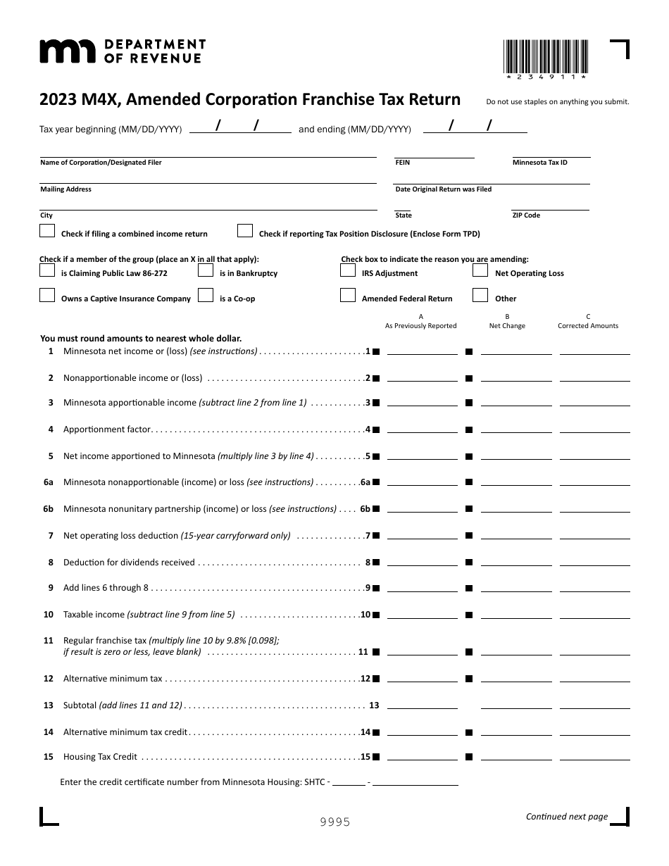Form M4X Amended Corporation Franchise Tax Return - Minnesota, Page 1