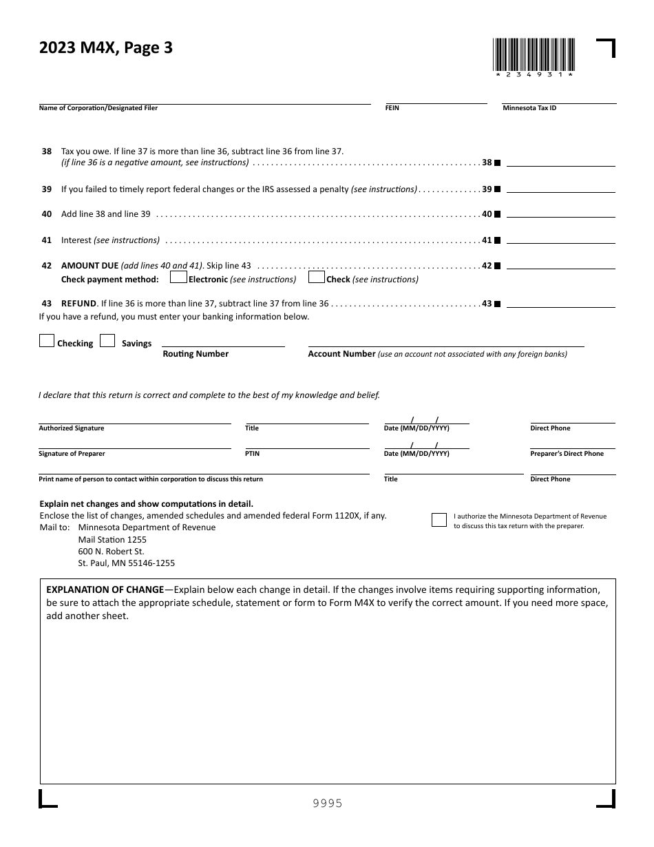 Form M4X Amended Corporation Franchise Tax Return - Minnesota, Page 3