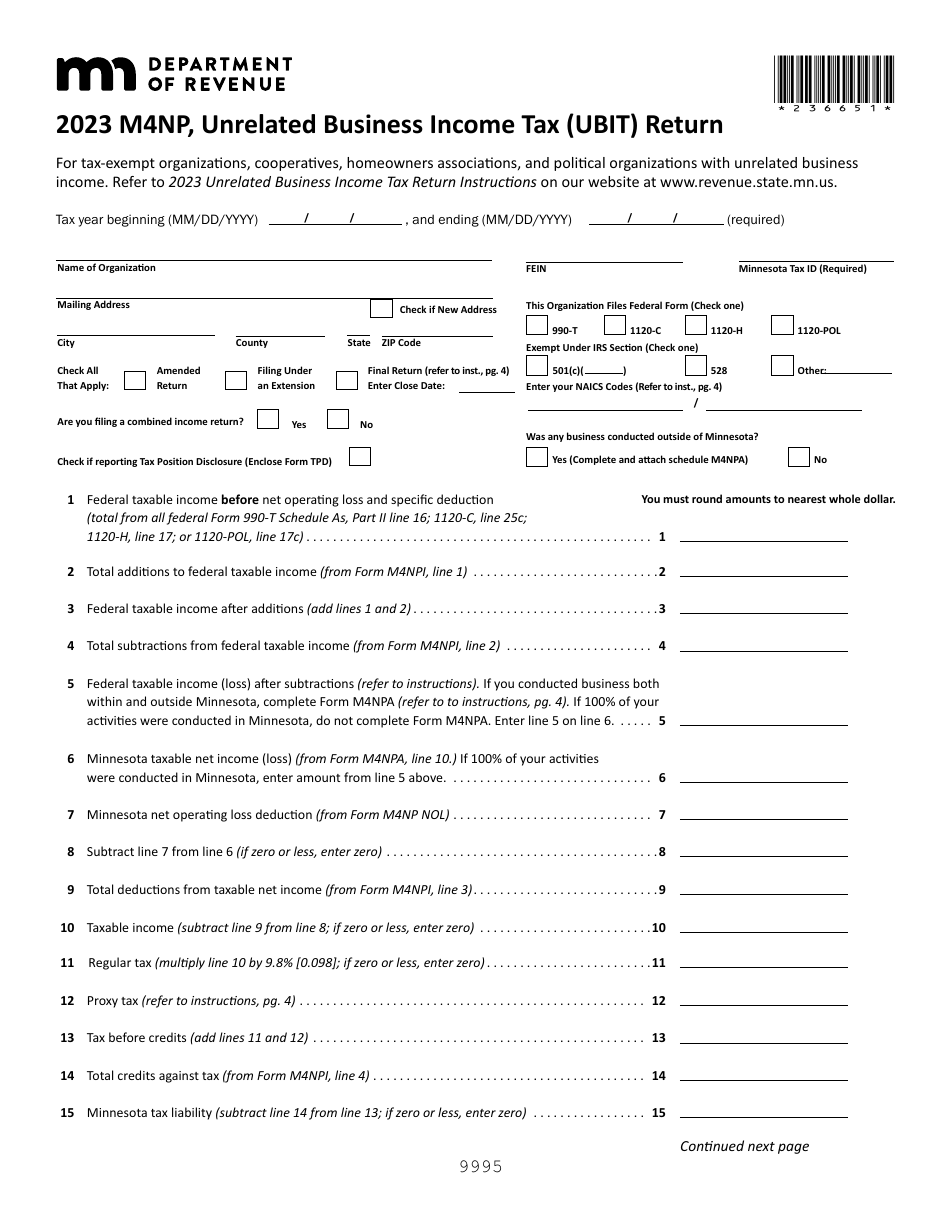 Form M4NP Unrelated Business Income Tax (Ubit) Return - Minnesota, Page 1