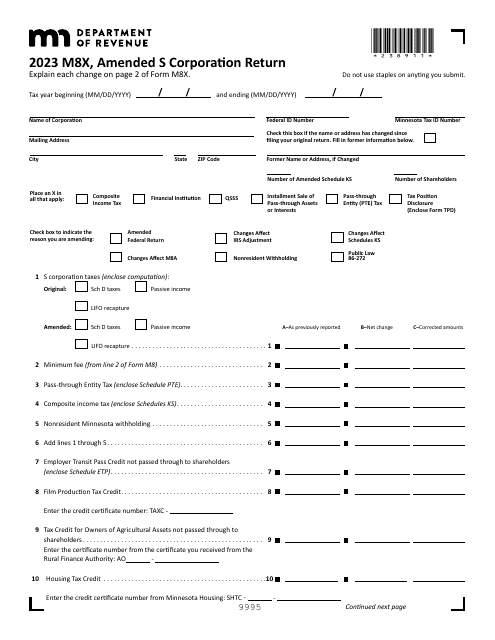 Form M8X Amended S Corporation Return - Minnesota, 2023