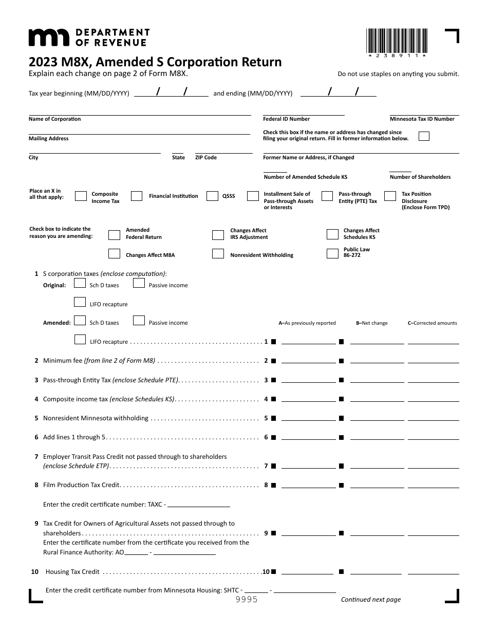 Form M8X Download Fillable PDF or Fill Online Amended S Corporation Return 2023, Minnesota