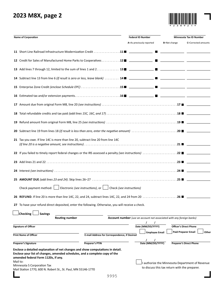 Form M8X Amended S Corporation Return - Minnesota, Page 2