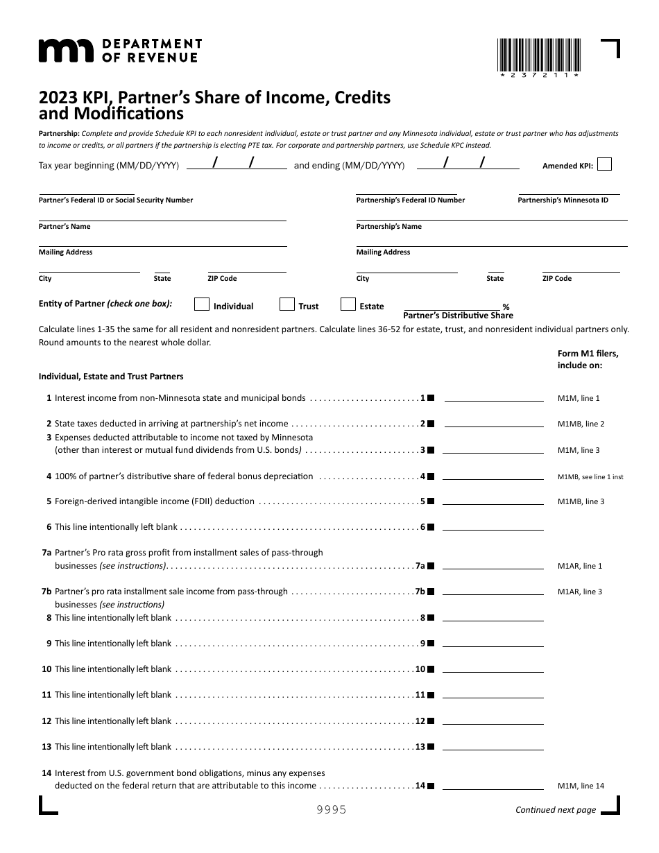 Schedule KPI Partners Share of Income, Credits and Modifications - Minnesota, Page 1