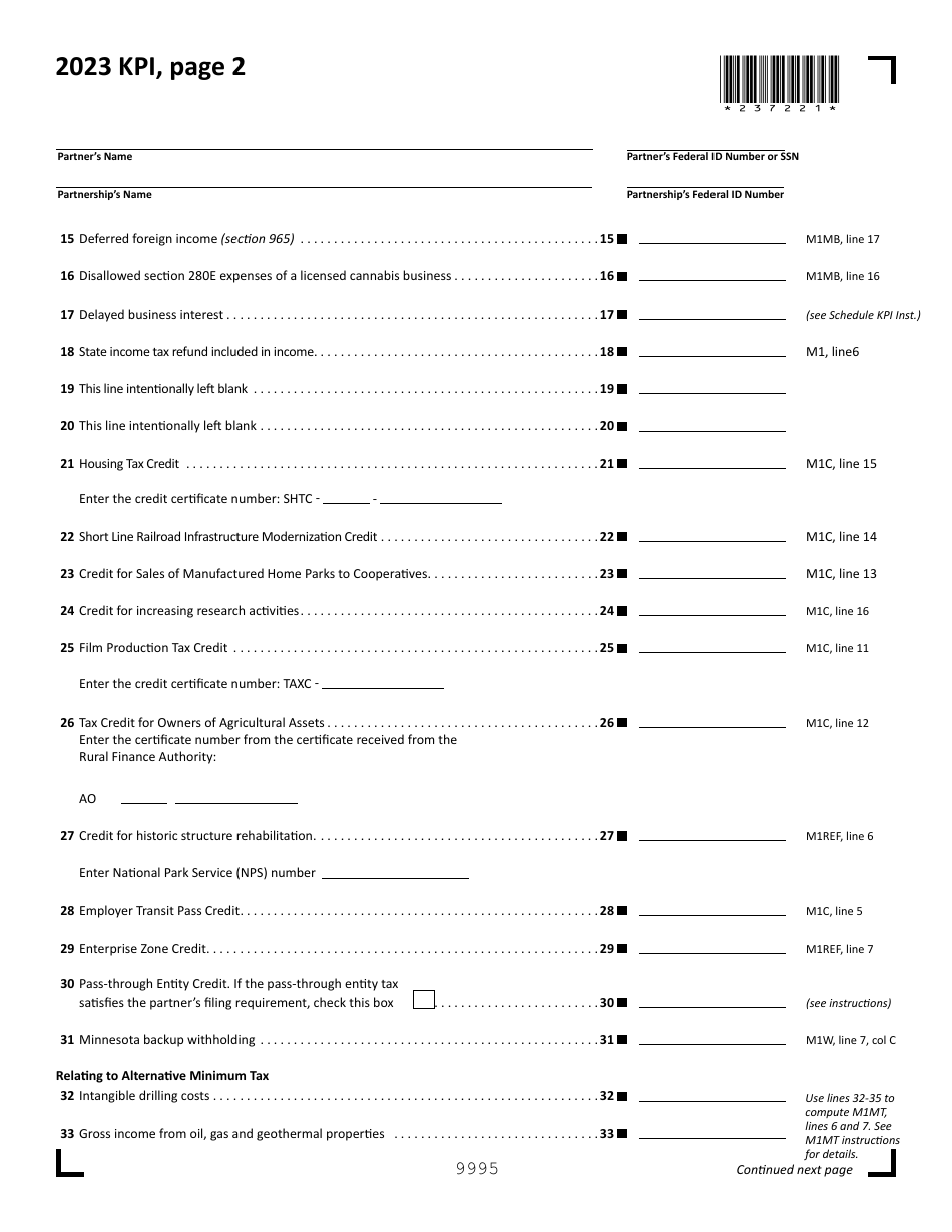 Schedule KPI Partners Share of Income, Credits and Modifications - Minnesota, Page 2