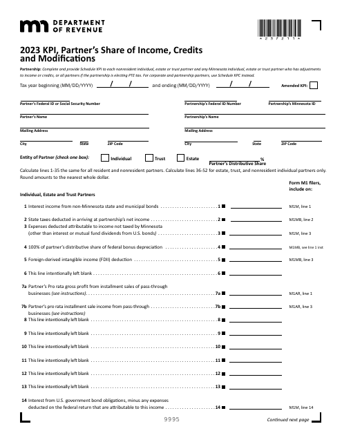 Schedule KPI Partner's Share of Income, Credits and Modifications - Minnesota, 2023