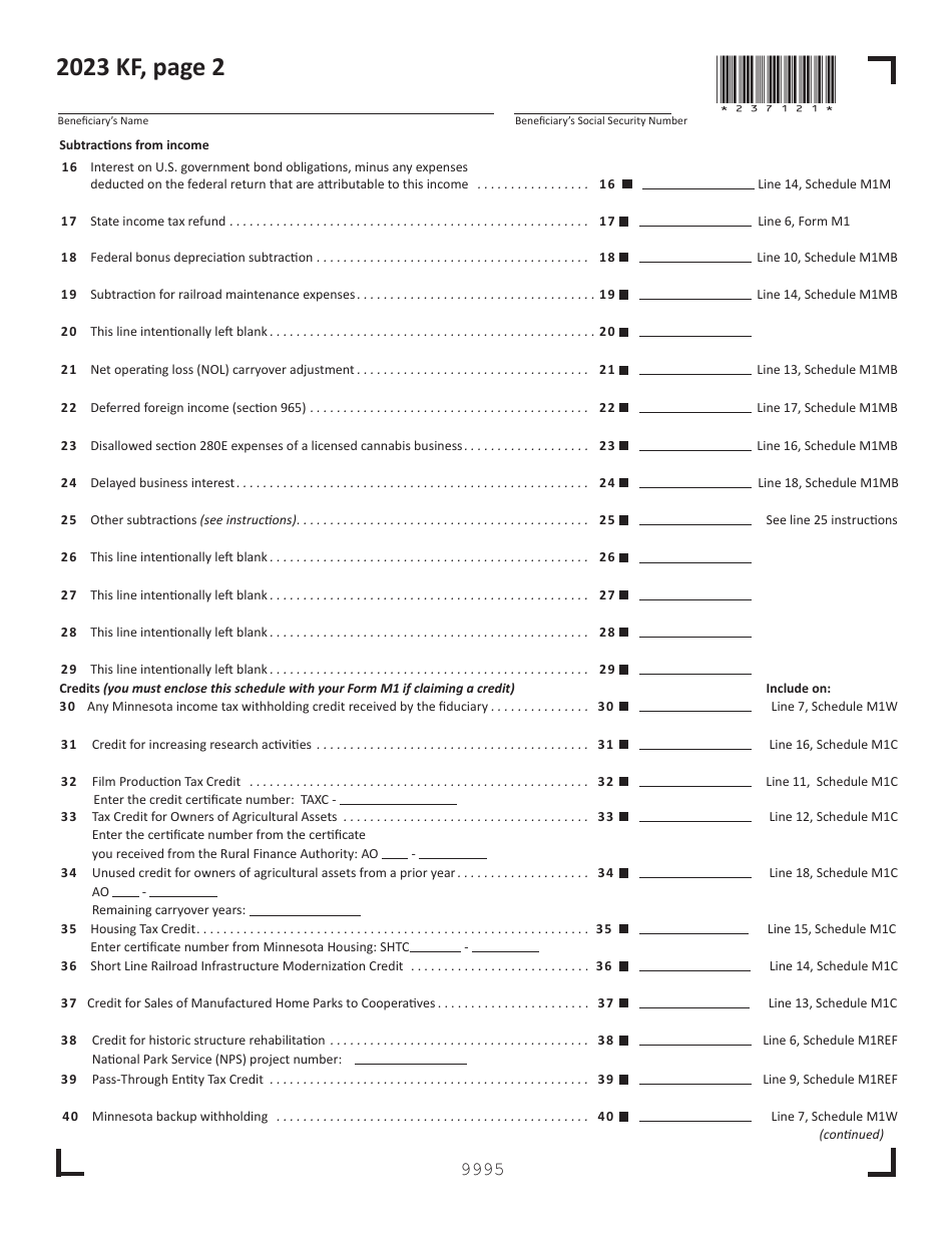Schedule KF Beneficiarys Share of Minnesota Taxable Income - Minnesota, Page 2