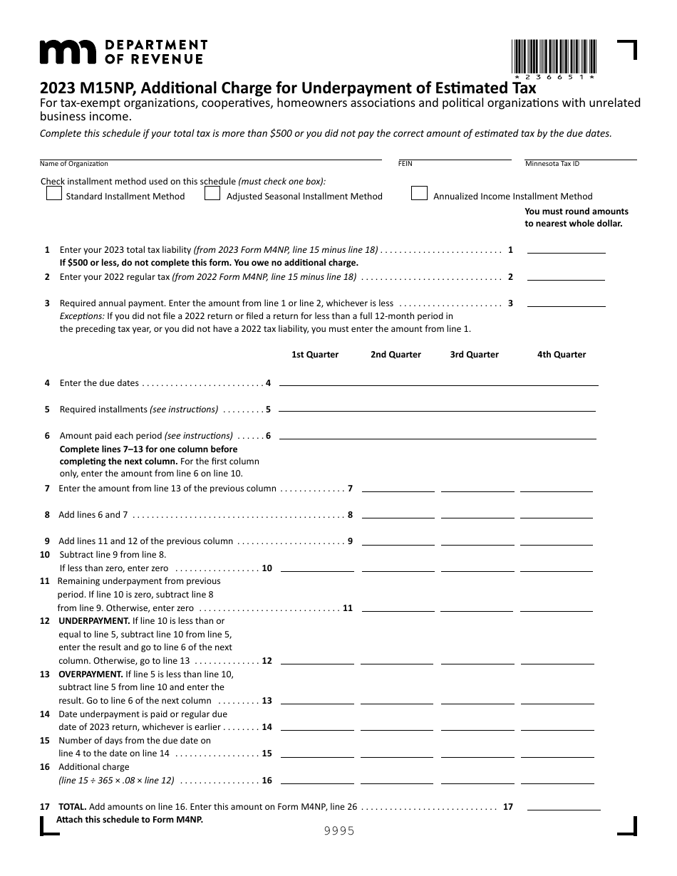 Schedule M15NP Additional Charge for Underpayment of Estimated Tax - Minnesota, Page 1