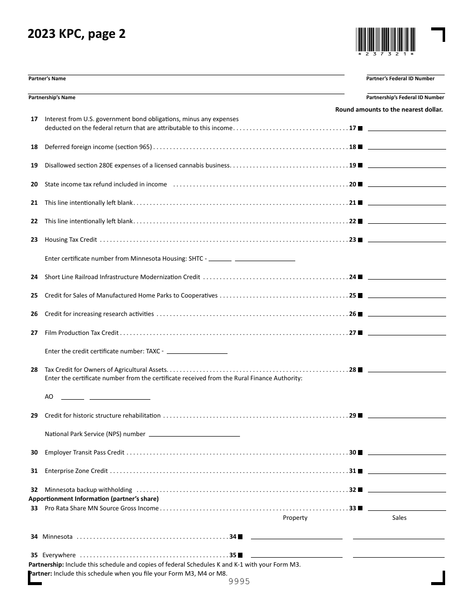 Schedule KPC Partners Share of Income, Credits and Modifications - Minnesota, Page 2