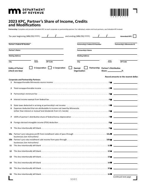 Schedule KPC Partner's Share of Income, Credits and Modifications - Minnesota, 2023