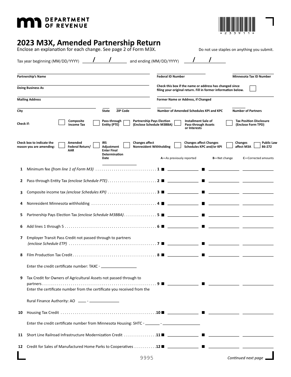 Form M3X Amended Partnership Return - Minnesota, Page 1