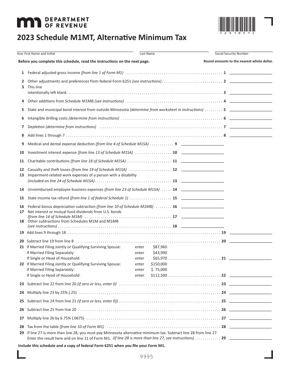Schedule M1MT Alternative Minimum Tax - Minnesota, Page 1