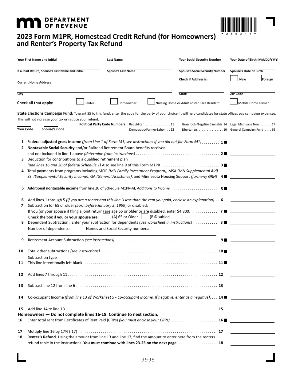 Form M1PR Homestead Credit Refund (For Homeowners) and Renters Property Tax Refund - Minnesota, Page 1
