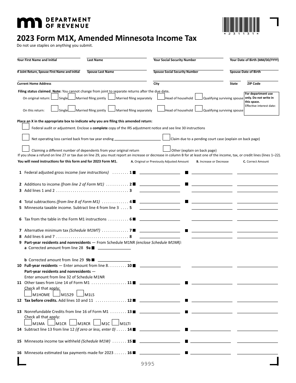 Form M1X Download Fillable PDF or Fill Online Amended Minnesota