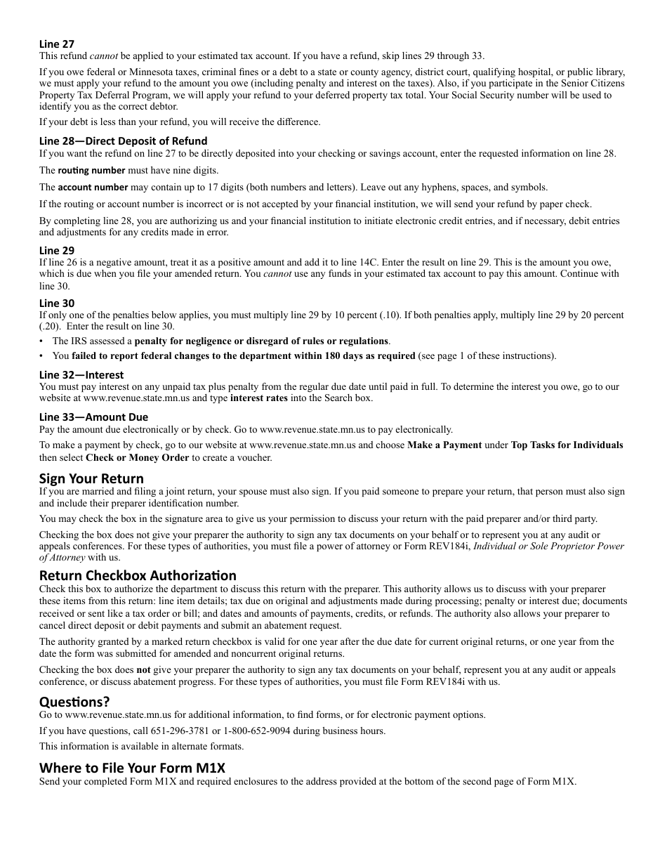 Form M1X Download Fillable PDF or Fill Online Amended Minnesota
