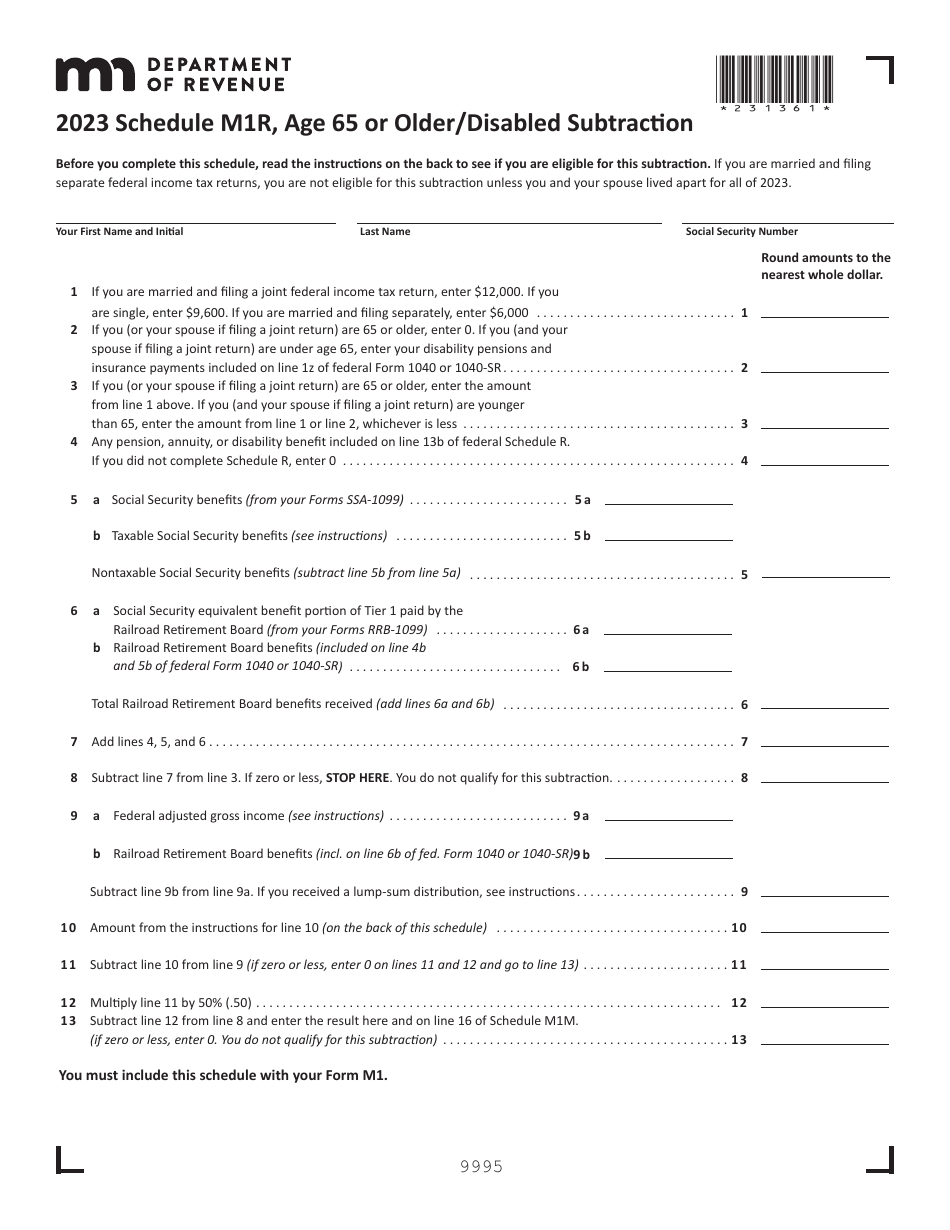 Schedule M1R Age 65 or Older / Disabled Subtraction - Minnesota, Page 1