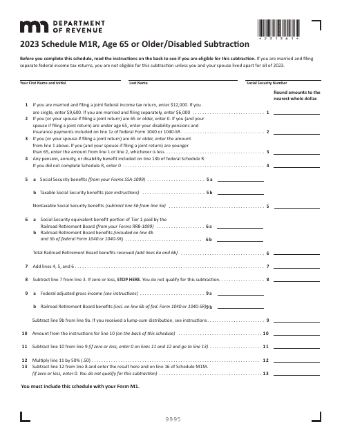 Schedule M1R Age 65 or Older/Disabled Subtraction - Minnesota, 2023