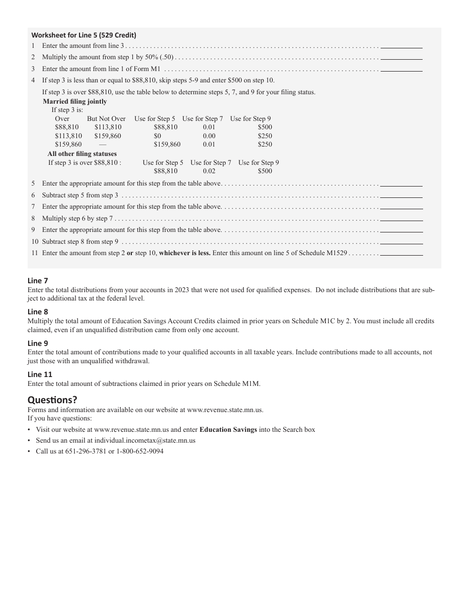 Schedule M1529 Education Savings Account Contribution Credit or Subtraction - Minnesota, Page 3