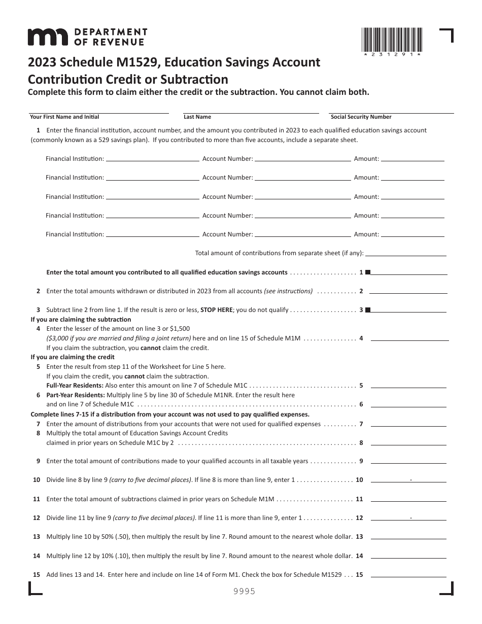 Schedule M1529 Download Fillable PDF Or Fill Online Education Savings   Schedule M1529 Education Savings Account Contribution Credit Or Subtraction Minnesota Print Big 