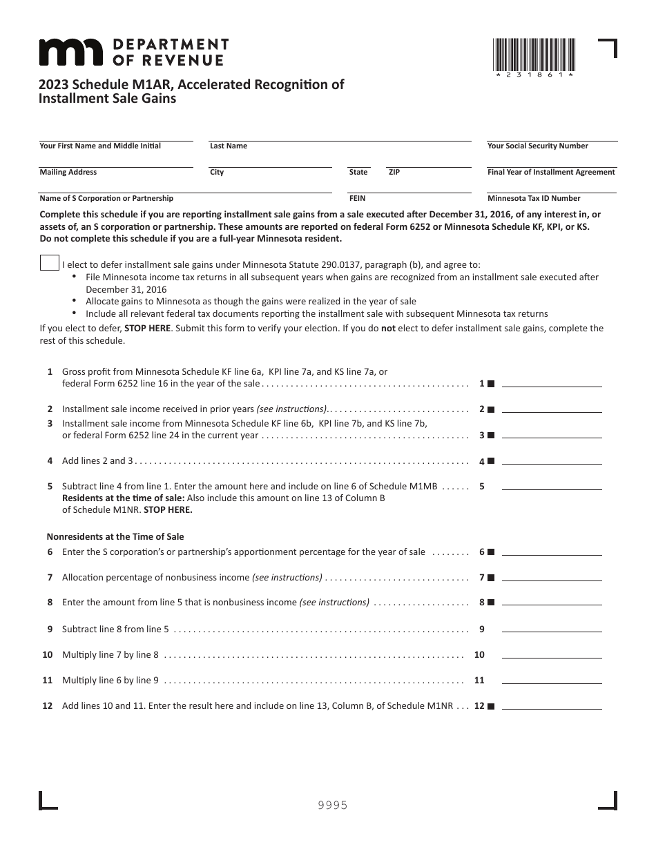 Schedule M1AR Accelerated Recognition of Installment Sale Gains - Minnesota, Page 1