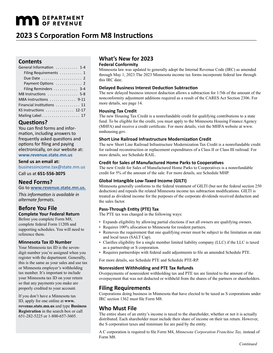 Download Instructions for Form M8 S Corporation Return PDF, 2023 Templateroller