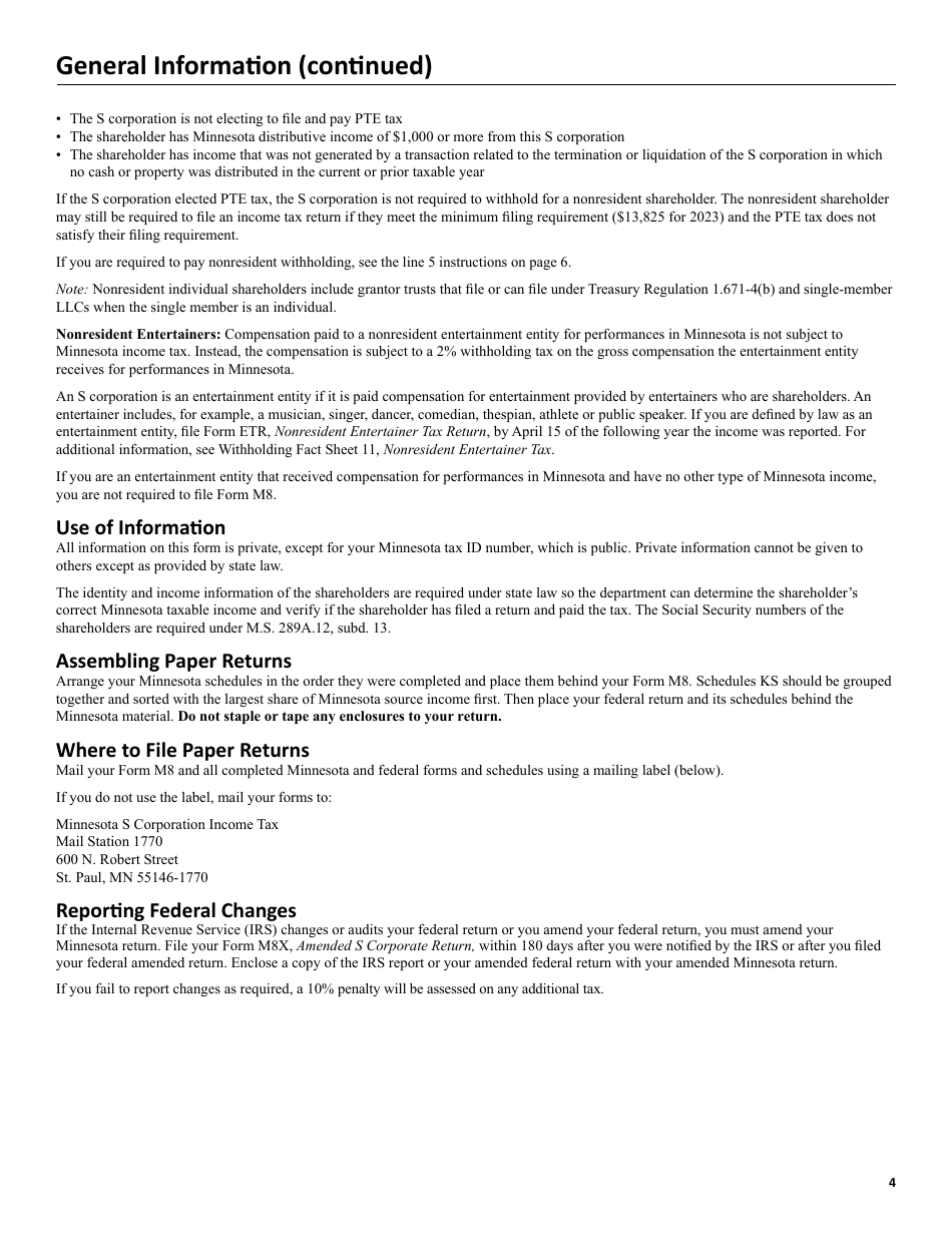 Instructions for Form M8 S Corporation Return - Minnesota, Page 4