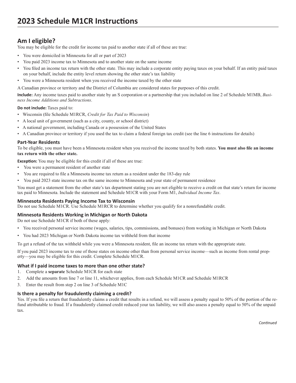 Schedule M1CR Credit for Income Tax Paid to Another State - Minnesota, Page 2