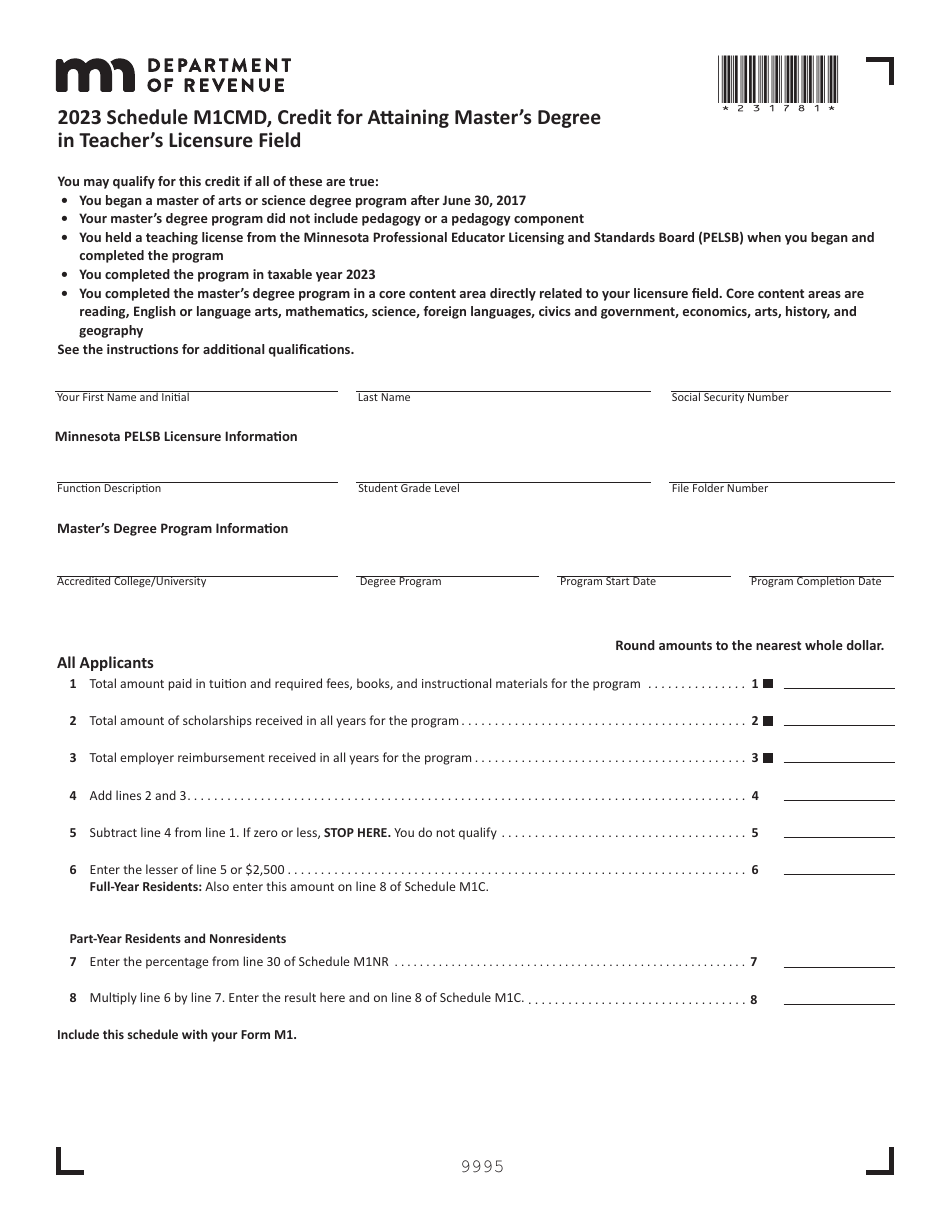 Schedule M1CMD Credit for Attaining Masters Degree in Teachers Licensure Field - Minnesota, Page 1