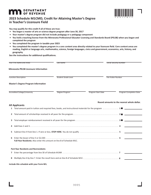 Schedule M1CMD Credit for Attaining Master's Degree in Teacher's Licensure Field - Minnesota, 2023