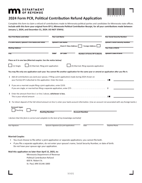 Form PCR Political Contribution Refund Application - Minnesota, 2024