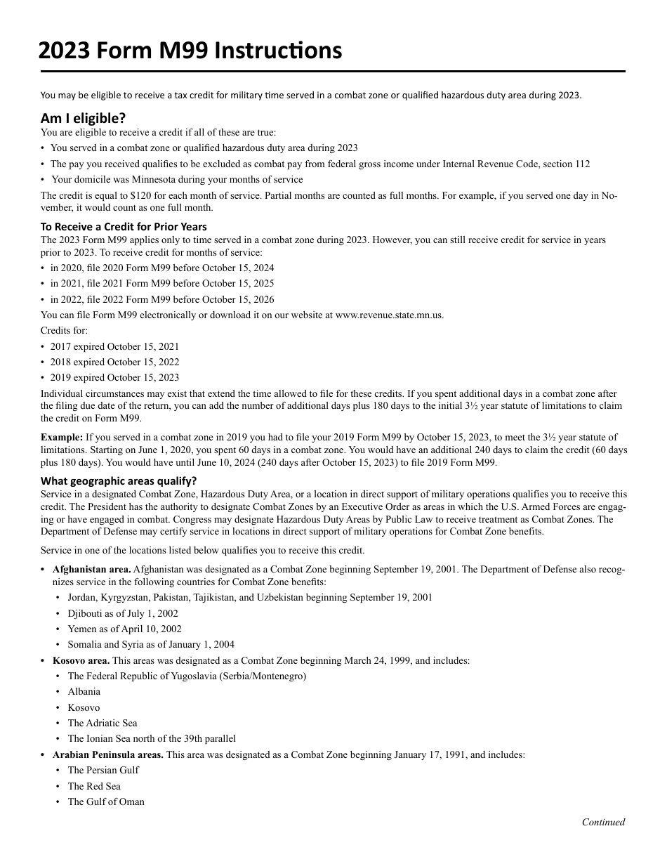 Form M99 Credit for Military Service in a Combat Zone - Minnesota, Page 2