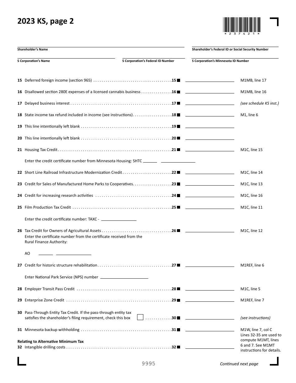 Schedule KS Shareholders Share of Income, Credits and Modifications - Minnesota, Page 2