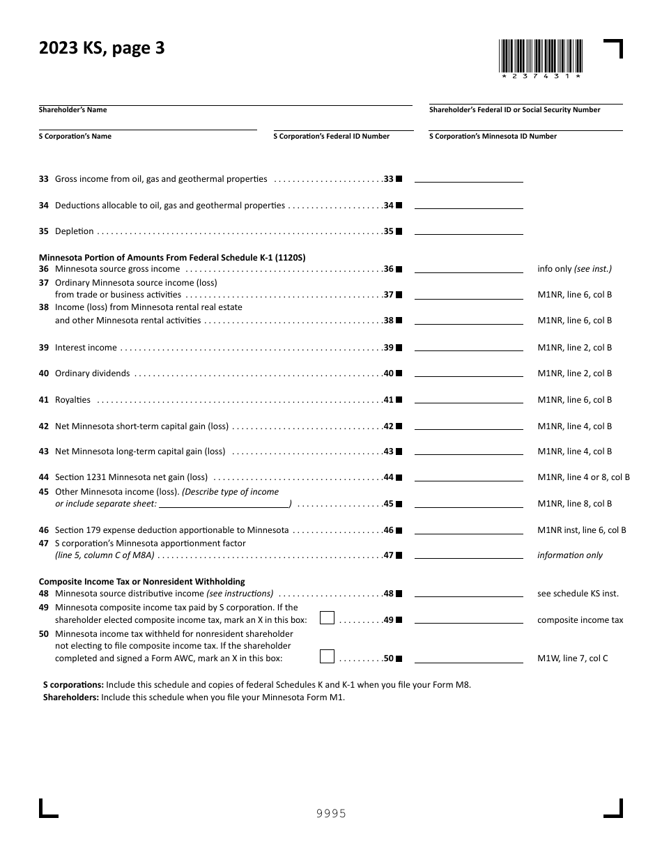 Schedule KS Shareholders Share of Income, Credits and Modifications - Minnesota, Page 3