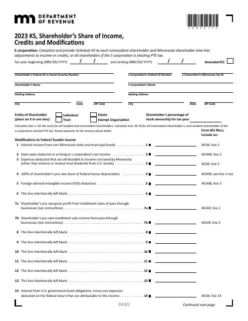 Schedule KS Shareholder's Share of Income, Credits and Modifications - Minnesota, 2023