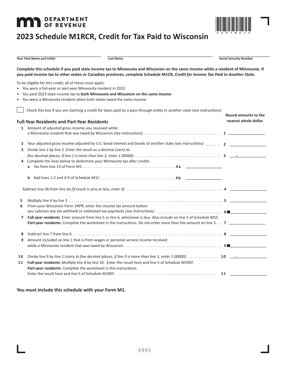 Schedule M1RCR Credit for Tax Paid to Wisconsin - Minnesota, Page 1