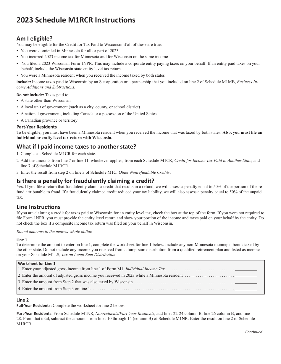 Schedule M1RCR Credit for Tax Paid to Wisconsin - Minnesota, Page 2