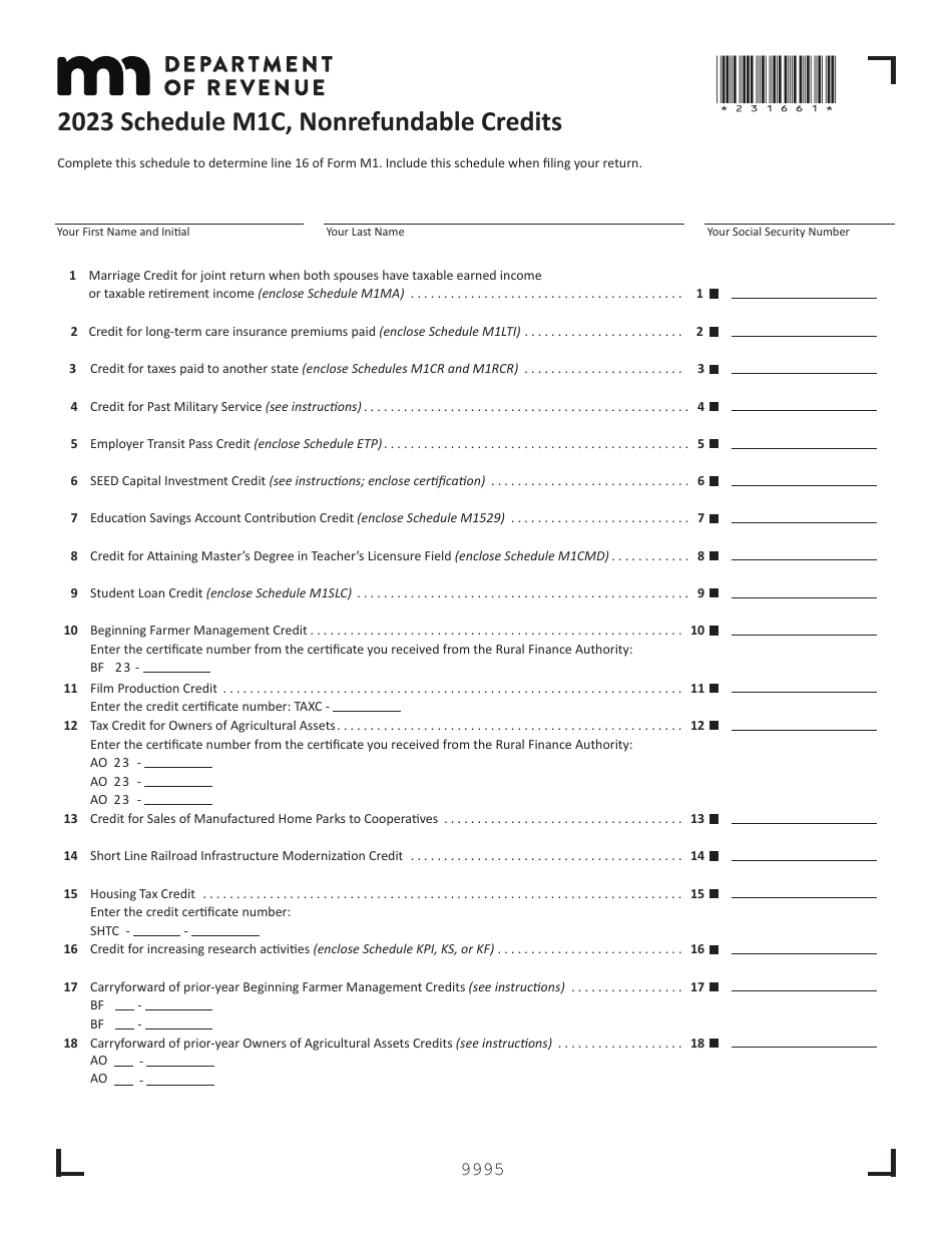 Schedule M1C Nonrefundable Credits - Minnesota, Page 1