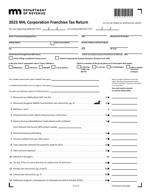 Form M4 Corporation Franchise Tax Return - Minnesota, 2023
