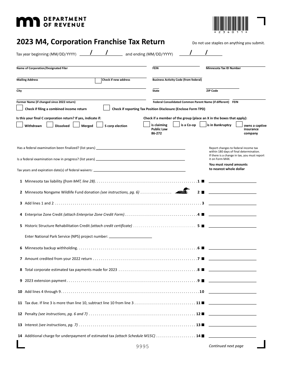 Form M4 Corporation Franchise Tax Return - Minnesota, Page 1