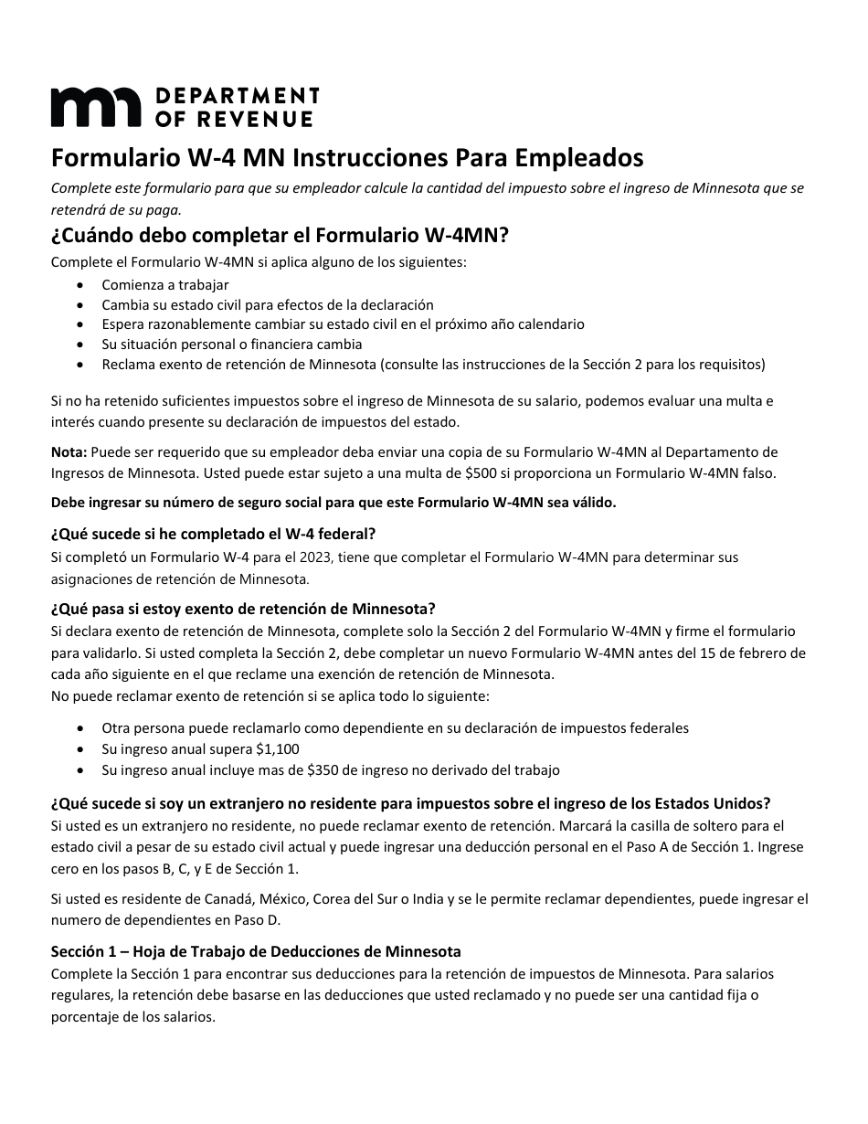 Download Instrucciones para Formulario W4MN Minnesota Withholding