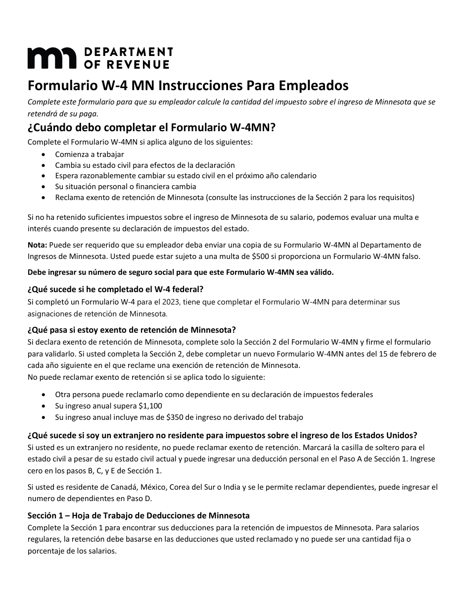 Instrucciones para Formulario W-4MN Minnesota Withholding Allowance / Exemption Certificate - Minnesota (Spanish), Page 1