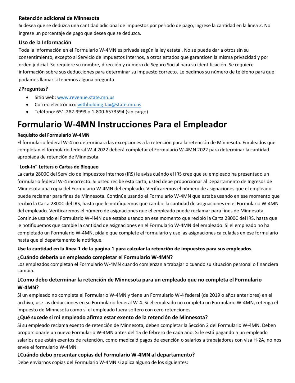 Download Instrucciones para Formulario W4MN Minnesota Withholding