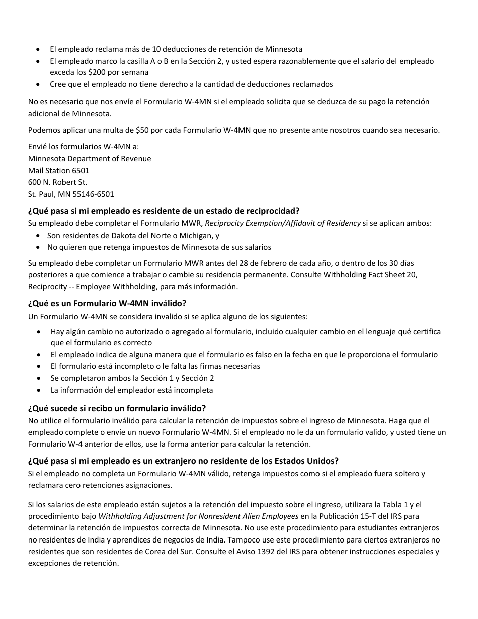 Download Instrucciones para Formulario W4MN Minnesota Withholding