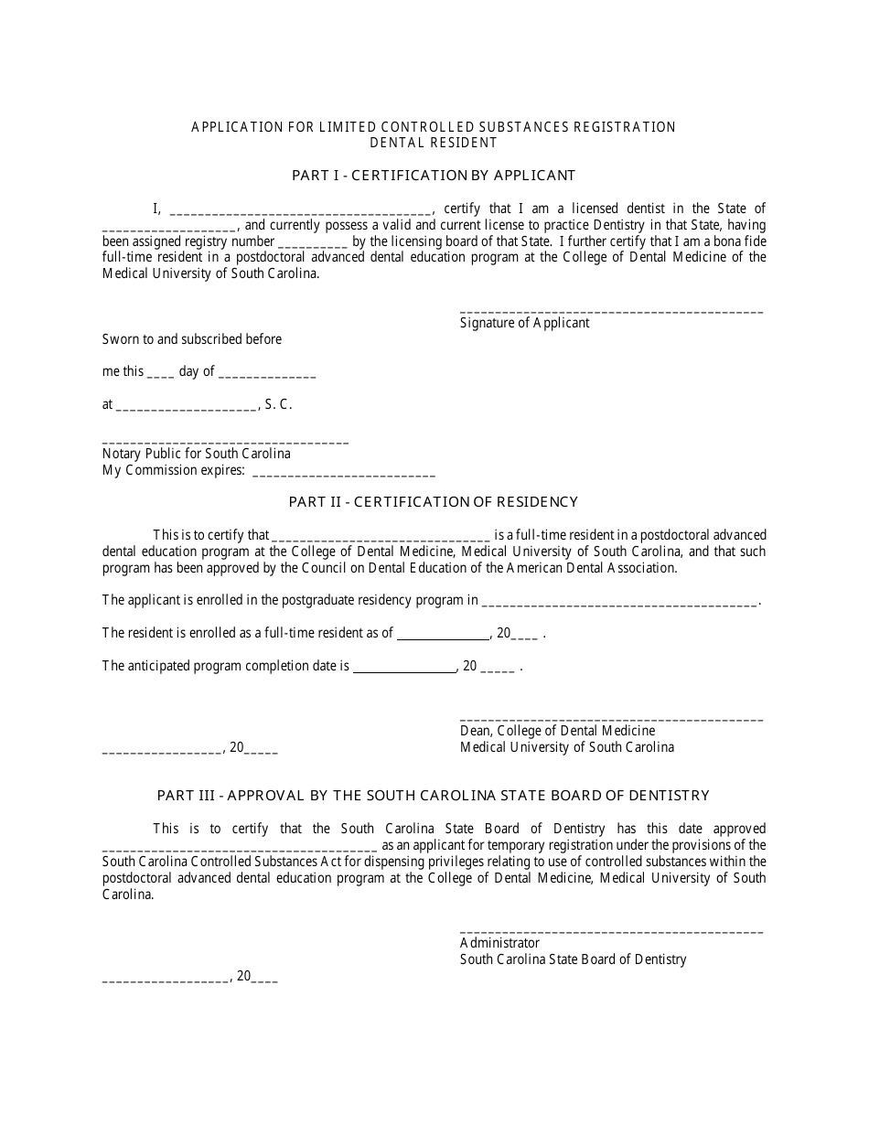 Application for Limited Controlled Substances Registration Dental Resident - Medical University of South Carolina Residency Program - South Carolina, Page 1