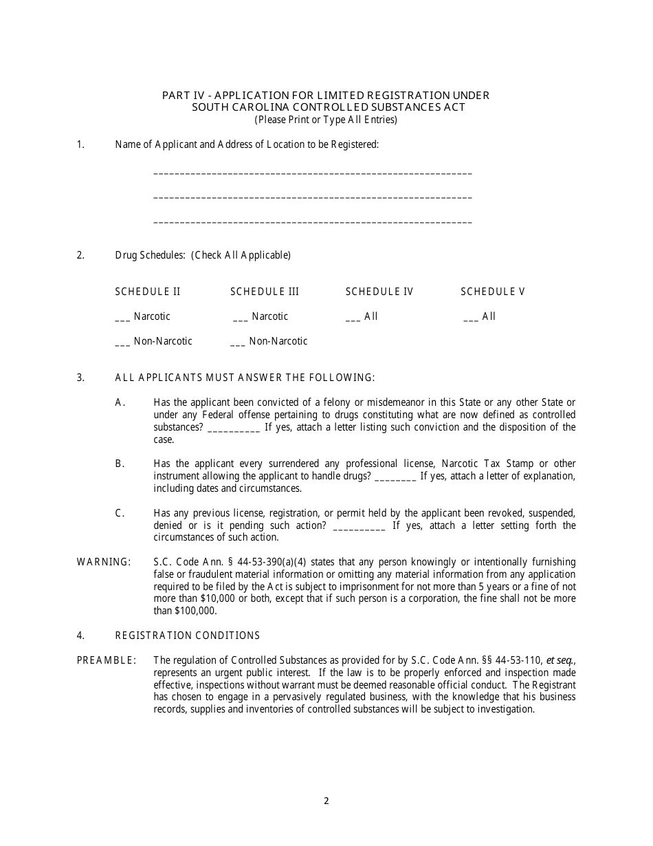 Part IV Application for Limited Registration Under South Carolina Controlled Substances Act - Prisma Health Richland Residency Program - South Carolina, Page 1