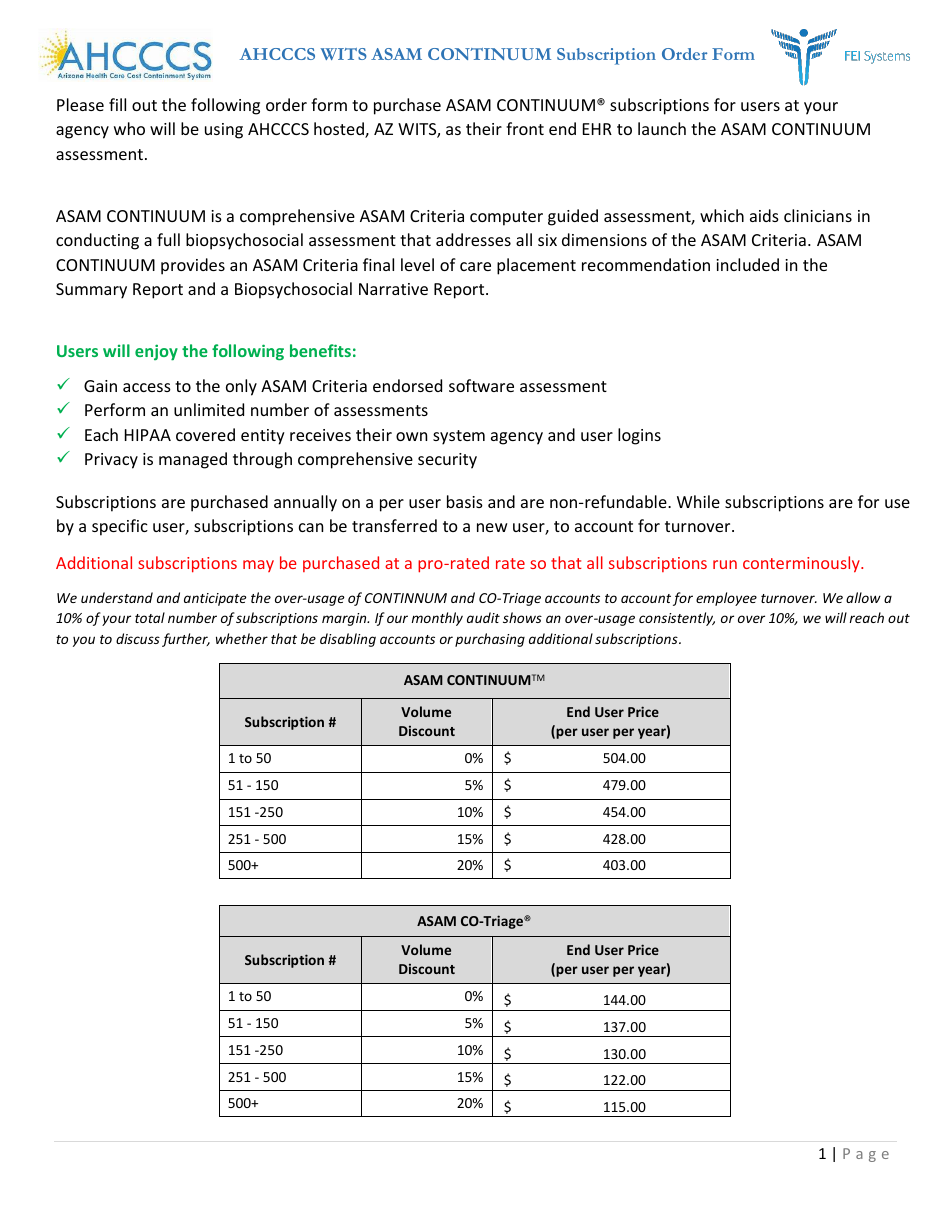 Ahcccs Wits Asam Continuum Subscription Order Form - Arizona, Page 1