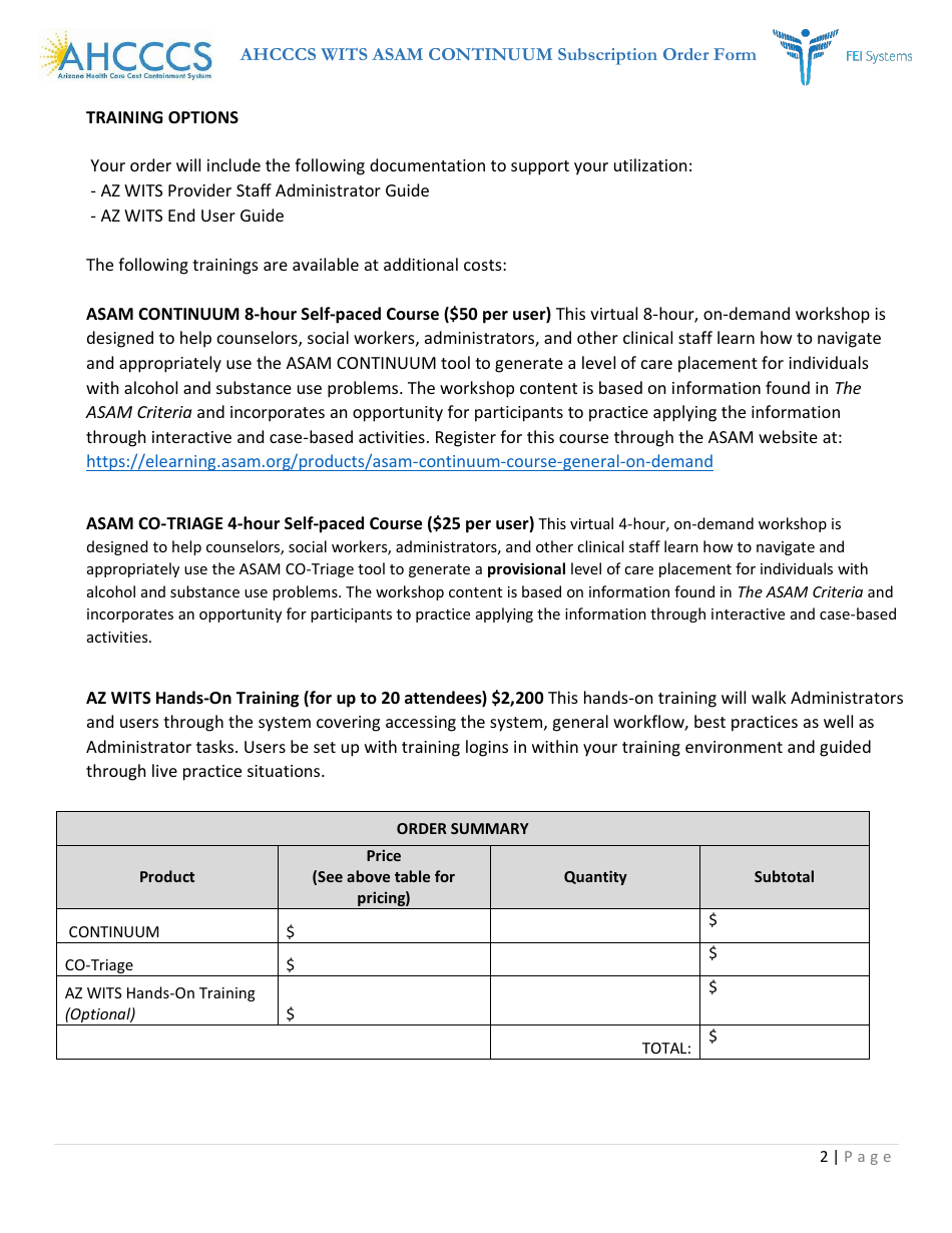 Ahcccs Wits Asam Continuum Subscription Order Form - Arizona, Page 2