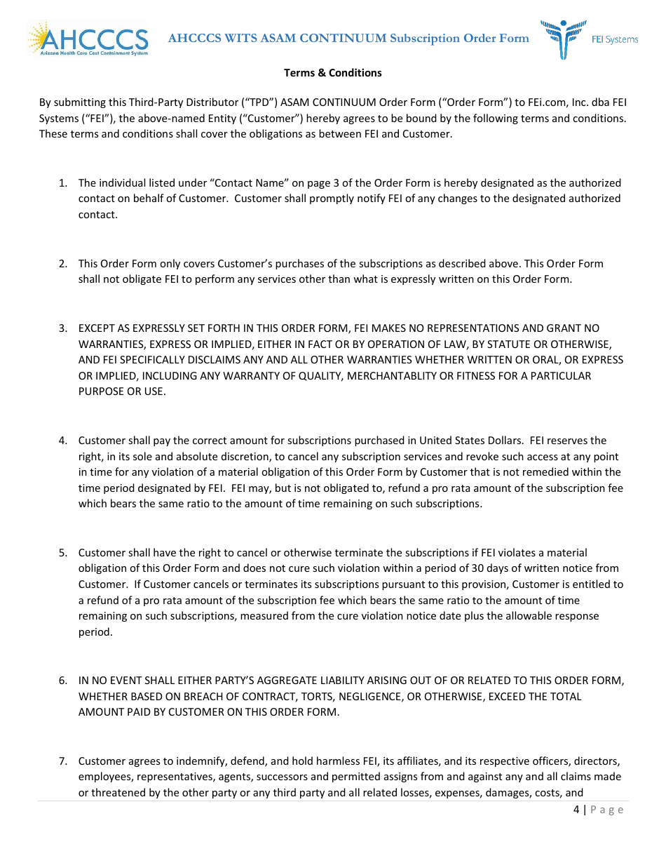 Ahcccs Wits Asam Continuum Subscription Order Form - Arizona, Page 4