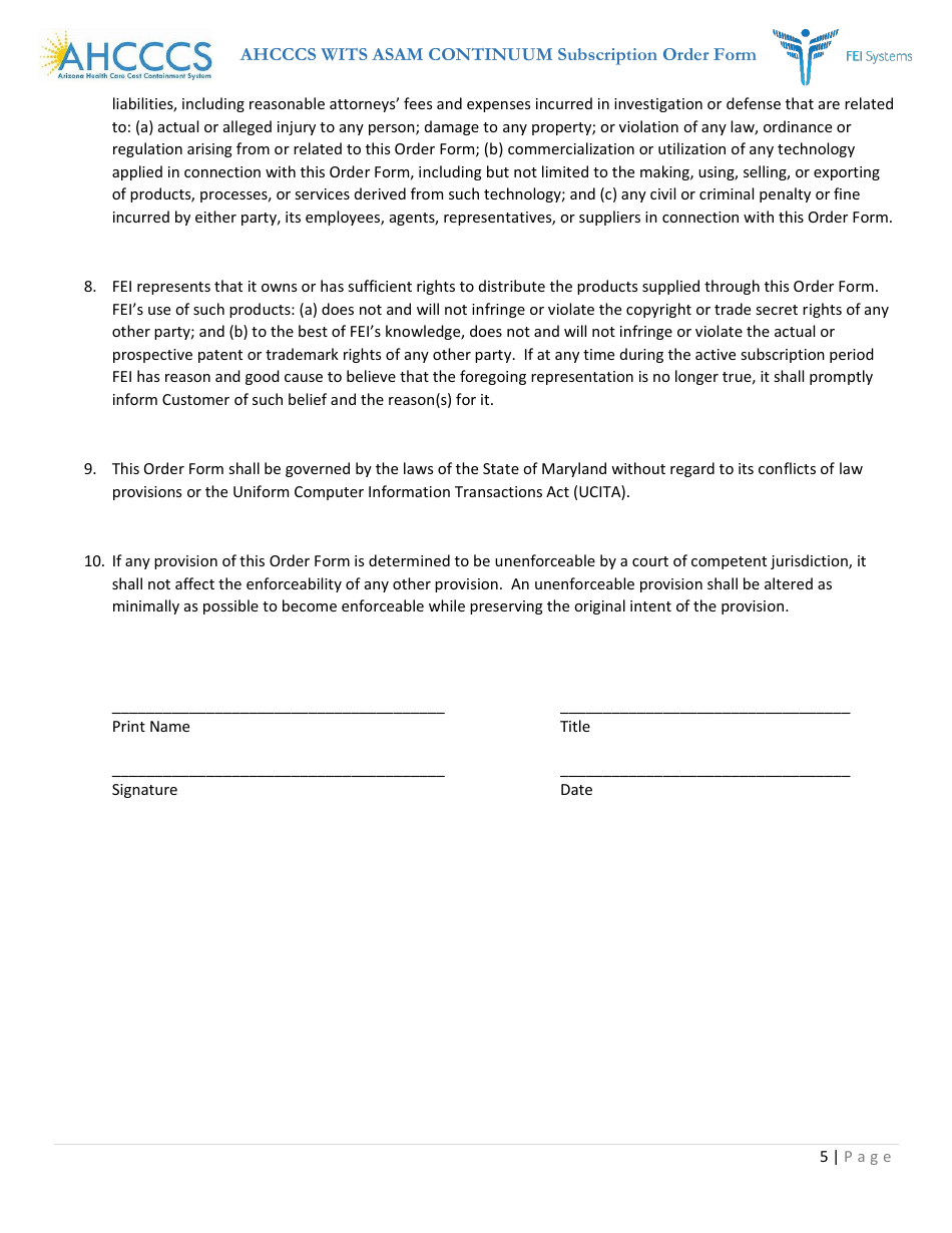 Ahcccs Wits Asam Continuum Subscription Order Form - Arizona, Page 5