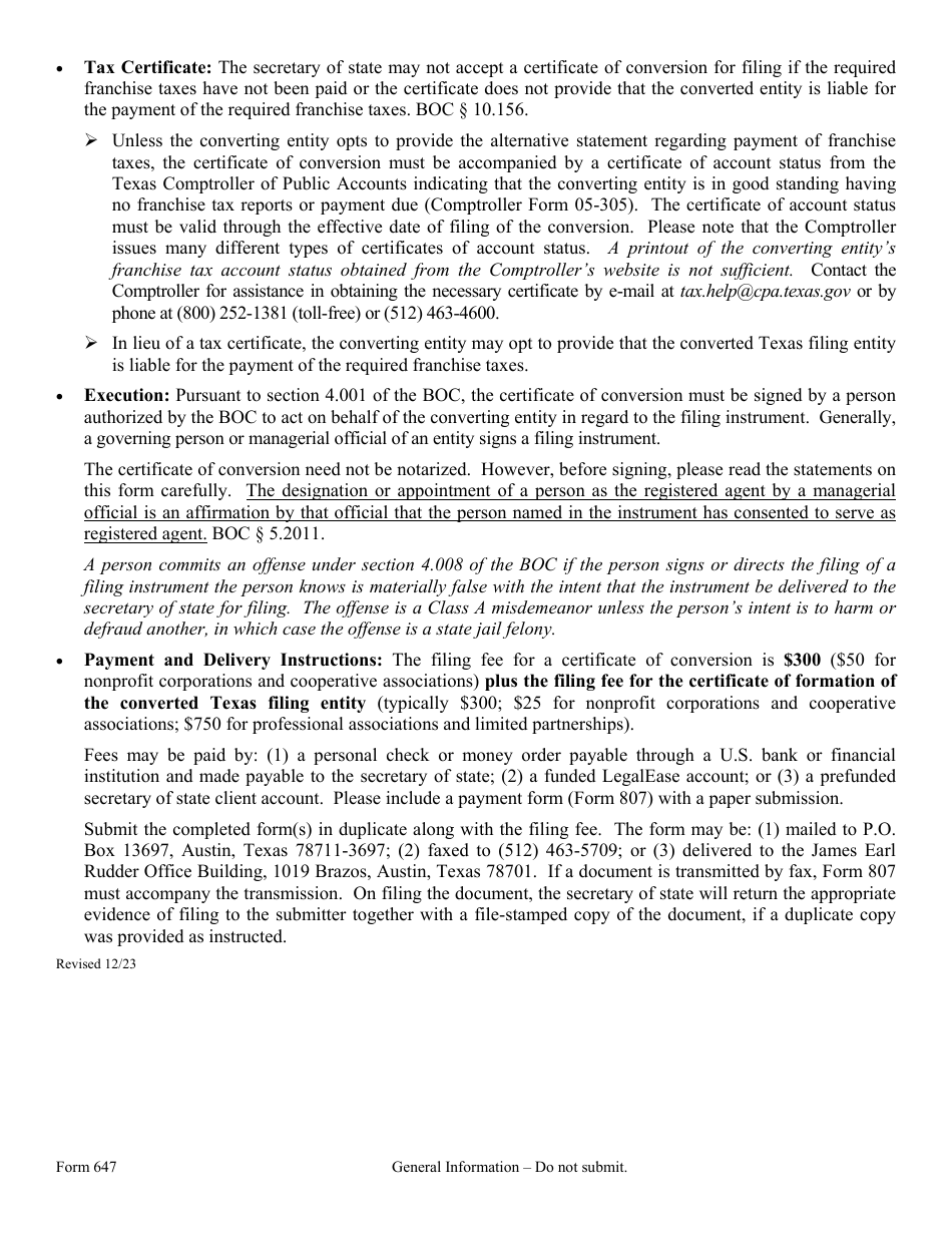 Form 647 Certificate of Conversion of a Foreign Entity Converting to a Texas Filing Entity - Texas, Page 3