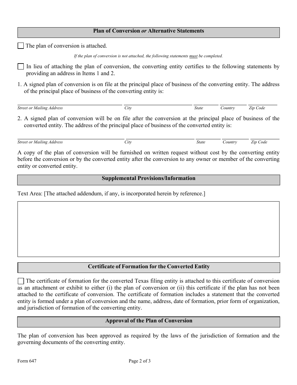 Form 647 Certificate of Conversion of a Foreign Entity Converting to a Texas Filing Entity - Texas, Page 5